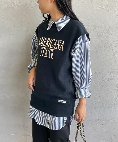 AMERICANA（アメリカーナ）の「[Americana×JEANS FACTORY/アメリカーナ×ジーンズファクトリー] 別注 AMERICAN STATE ロゴプリントスウェットベスト（ベスト・レディース・アイボリー/スミクロ/パープル・ONE SIZE）」の16枚目の写真