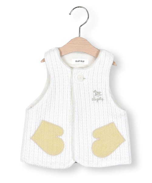 SLAP SLIP BABY(スラップスリップベビー)の「SLAPSLIPBABY/手袋パッチケーブル編み裏ボアベストベビー(70~80cm)(ベスト・キッズ・ピンク/オフホワイト・ONESIZE)」の2枚目の写真