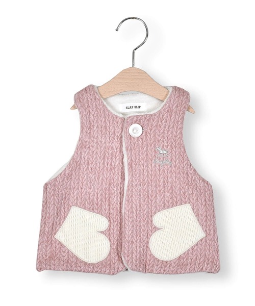 SLAP SLIP BABY(スラップスリップベビー)の「SLAPSLIPBABY/手袋パッチケーブル編み裏ボアベストベビー(70~80cm)(ベスト・キッズ・ピンク/オフホワイト・ONESIZE)」の1枚目の写真