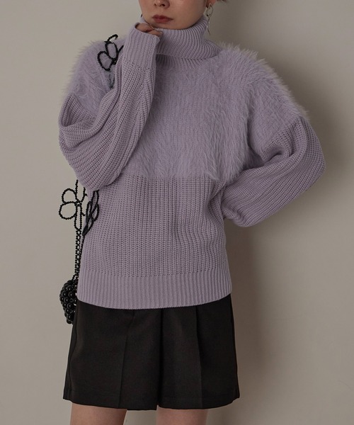 Fashion Letter（ファッションレター）の「5G シャギー使いタートルプルオーバー（ニット/セーター・レディース・ライトベージュ/ブラック/オフホワイト/パープル・M）」の4枚目の写真