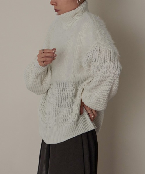 Fashion Letter（ファッションレター）の「5G シャギー使いタートルプルオーバー（ニット/セーター・レディース・ライトベージュ/ブラック/オフホワイト/パープル・M）」の5枚目の写真