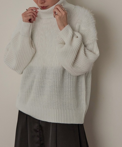 Fashion Letter（ファッションレター）の「5G シャギー使いタートルプルオーバー（ニット/セーター・レディース・ライトベージュ/ブラック/オフホワイト/パープル・M）」の9枚目の写真