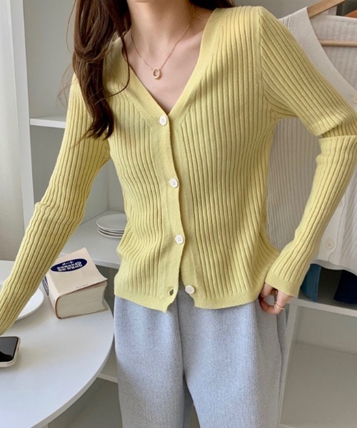 Burner（バーナー）の「【26 BURNER SELECT】Vネック　美シルエット　リブニットカーディガン　KIK-tops-688380101454-18（カーディガン/ボレロ・レディース・A/C/D/E/B/F/G・FREE）」の2枚目の写真