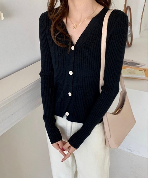 Burner（バーナー）の「【26 BURNER SELECT】Vネック　美シルエット　リブニットカーディガン　KIK-tops-688380101454-18（カーディガン/ボレロ・レディース・A/C/D/E/B/F/G・FREE）」の3枚目の写真