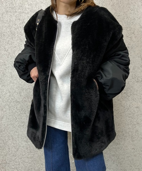 mi via loca(ミヴィアロカ)の「MA-1身頃ファー中綿ジャケット(ミリタリージャケット・レディース・ブラック/カーキ・FREE)」の2枚目の写真