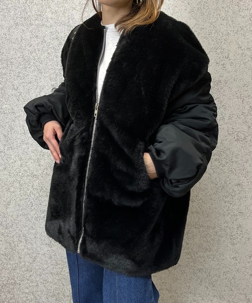 mi via loca(ミヴィアロカ)の「MA-1身頃ファー中綿ジャケット(ミリタリージャケット・レディース・ブラック/カーキ・FREE)」の3枚目の写真