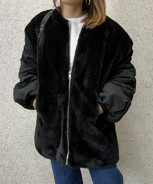 mi via loca(ミヴィアロカ)の「MA-1身頃ファー中綿ジャケット(ミリタリージャケット・レディース・ブラック/カーキ・FREE)」の6枚目の写真