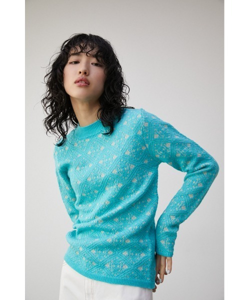 セール】LACE JACQUARD H/N KNIT TOPS/レースジャガードハイネック