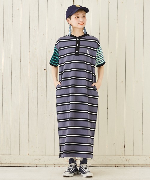 CUBE SUGAR（キューブシュガー）の「マルチボーダーミックスヘンリーネックワンピース（ワンピース・レディース・スミクロ/イエロー/ブルー・M）」の5枚目の写真