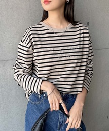 無地/ボーダーエンブロイダリーロゴ長袖Tシャツ