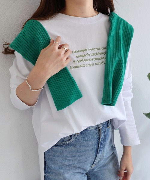 andme(アンドミー)の「無地/ボーダーエンブロイダリーロゴ長袖Tシャツ(Tシャツ/カットソー・レディース・ホワイト×ライム/ホワイト×グレー/ホワイト×レッド/ホワイト×ブルー/チャコールグレー/ベージュ/ブラウン/ベージュ系その他/ホワイト×ブラック/ブルー系その他・S/M)」の5枚目の写真