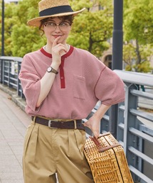 MONO-MART LADY'S | ヘンリーネックリンガーステッチ ボーダーポケット半袖Tシャツ(Tシャツ/カットソー)