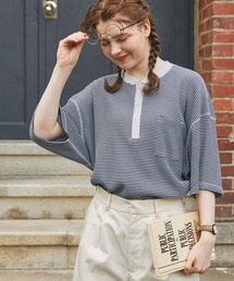 MONO-MART LADY'S | ヘンリーネックリンガーステッチ ボーダーポケット半袖Tシャツ(Tシャツ/カットソー)