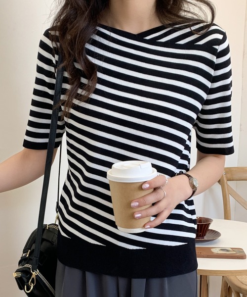 ABITOKYO(アビトーキョー)の「カシュクールボーダーニットプルオーバー(ニット/セーター・レディース・ホワイト/ブラック/ベージュ・FREE)」の10枚目の写真