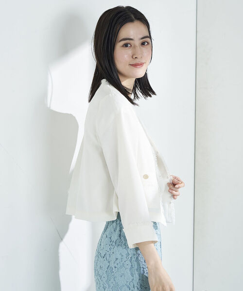 NOLLEY’S（ノーリーズ）の「◇【WEB限定】ウォッシャブルリネンライクフリンジショートジャケット（ノーカラージャケット・レディース・ベージュ/ネイビー/オフホワイト・38/36）」の5枚目の写真