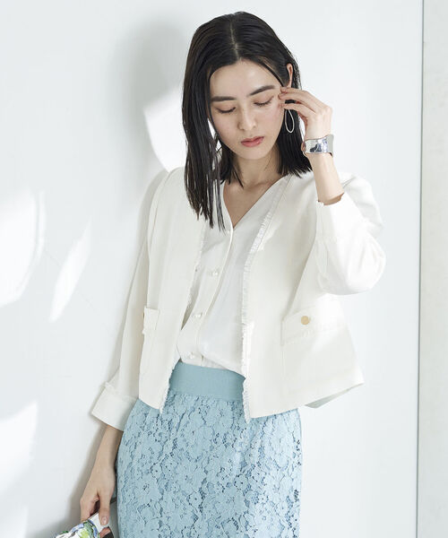 NOLLEY’S（ノーリーズ）の「◇【WEB限定】ウォッシャブルリネンライクフリンジショートジャケット（ノーカラージャケット・レディース・ベージュ/ネイビー/オフホワイト・38/36）」の7枚目の写真