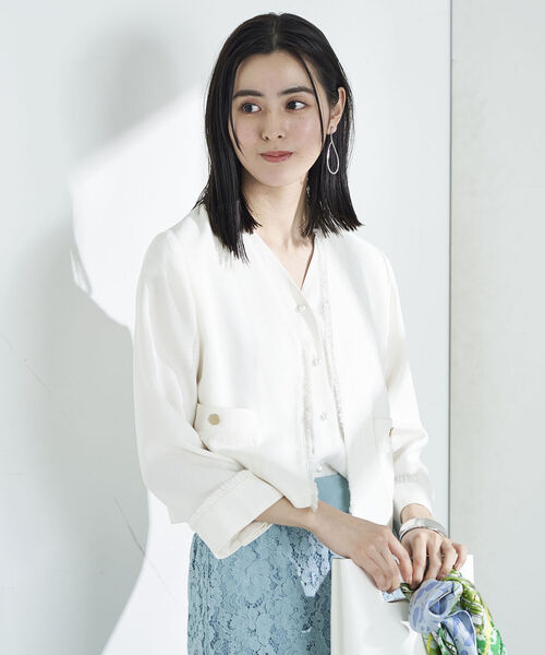 NOLLEY’S（ノーリーズ）の「◇【WEB限定】ウォッシャブルリネンライクフリンジショートジャケット（ノーカラージャケット・レディース・ベージュ/ネイビー/オフホワイト・38/36）」の8枚目の写真