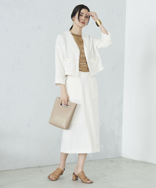 NOLLEY’S（ノーリーズ）の「◇【WEB限定】ウォッシャブルリネンライクフリンジショートジャケット（ノーカラージャケット・レディース・ベージュ/ネイビー/オフホワイト・38/36）」の14枚目の写真