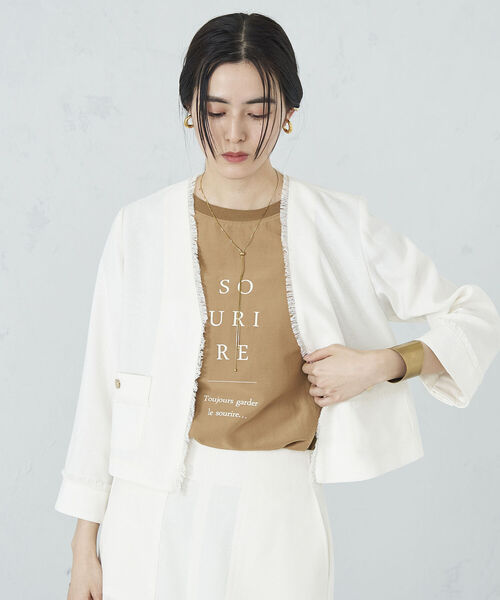NOLLEY’S（ノーリーズ）の「◇【WEB限定】ウォッシャブルリネンライクフリンジショートジャケット（ノーカラージャケット・レディース・ベージュ/ネイビー/オフホワイト・38/36）」の16枚目の写真