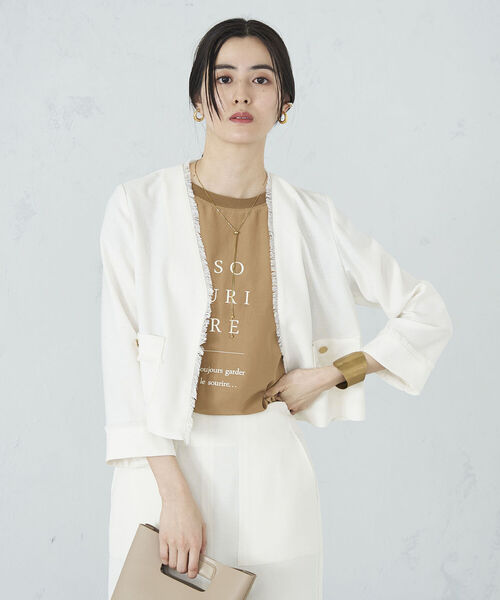 NOLLEY’S（ノーリーズ）の「◇【WEB限定】ウォッシャブルリネンライクフリンジショートジャケット（ノーカラージャケット・レディース・ベージュ/ネイビー/オフホワイト・38/36）」の17枚目の写真