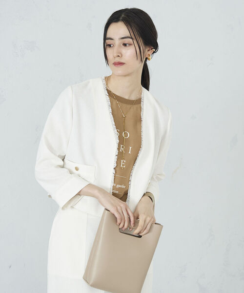 NOLLEY’S（ノーリーズ）の「◇【WEB限定】ウォッシャブルリネンライクフリンジショートジャケット（ノーカラージャケット・レディース・ベージュ/ネイビー/オフホワイト・38/36）」の18枚目の写真