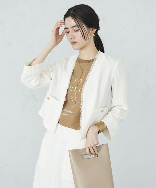 NOLLEY’S（ノーリーズ）の「◇【WEB限定】ウォッシャブルリネンライクフリンジショートジャケット（ノーカラージャケット・レディース・ベージュ/ネイビー/オフホワイト・38/36）」の19枚目の写真