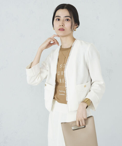 NOLLEY’S（ノーリーズ）の「◇【WEB限定】ウォッシャブルリネンライクフリンジショートジャケット（ノーカラージャケット・レディース・ベージュ/ネイビー/オフホワイト・38/36）」の20枚目の写真