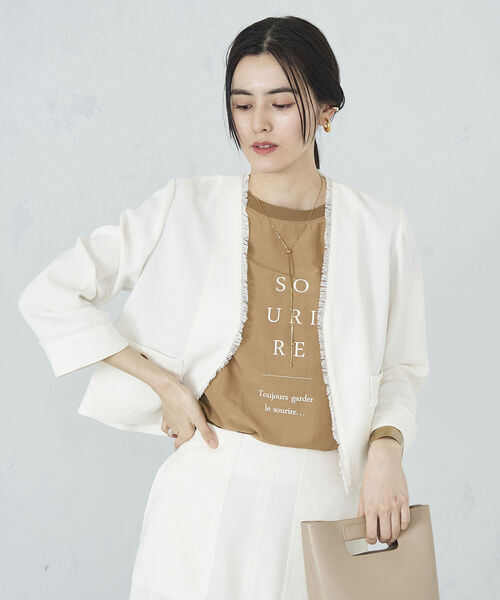 NOLLEY’S（ノーリーズ）の「◇【WEB限定】ウォッシャブルリネンライクフリンジショートジャケット（ノーカラージャケット・レディース・ベージュ/ネイビー/オフホワイト・38/36）」の21枚目の写真