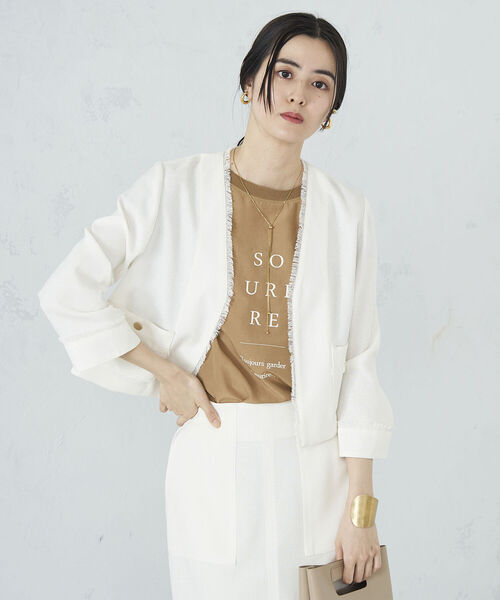 NOLLEY’S（ノーリーズ）の「◇【WEB限定】ウォッシャブルリネンライクフリンジショートジャケット（ノーカラージャケット・レディース・ベージュ/ネイビー/オフホワイト・38/36）」の22枚目の写真