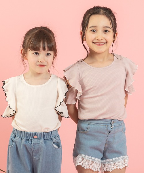 URBAN CHERRY（アーバンチェリー）の「【快適さらリブ素材】リブフリルショルダーカットデザイントップス（Tシャツ/カットソー・キッズ・パープル/アイボリー/ブルー/ピンク/ブラック・110cm/140cm/120cm/130cm/150cm）」の11枚目の写真