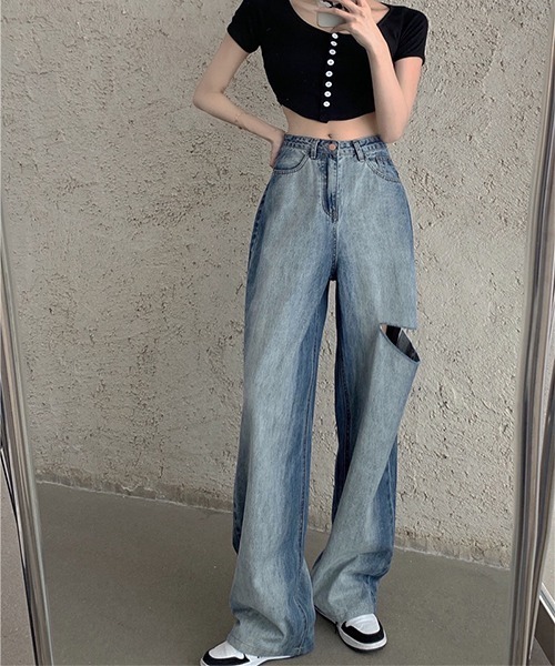 Chick（チック）の「▲Side Damage Wide Denim Pants / サイドダメージ ワイドデニムパンツ（デニムパンツ・メンズ・ブルー・M/L）」の4枚目の写真