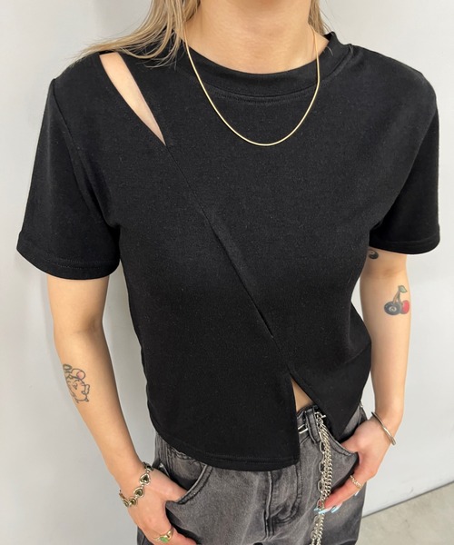 WHO'S WHO gallery（フーズフーギャラリー）の「カッティングデザインTEE（Tシャツ/カットソー・レディース・ホワイト/チャコールグレー/ブラック/マスタード・FREE）」の9枚目の写真