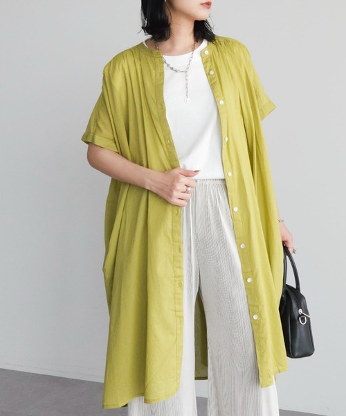 Green Parks(グリーンパークス)の「I ギャザー5分袖チュニック(チュニック・レディース・パープル/オフホワイト/グリーン/ブラック・FREE)」の3枚目の写真