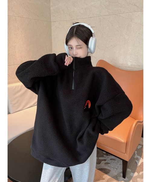 DEVICE（デバイス）の「ボア ビッグシルエット オーバーサイズ ワンポイント刺繍カラー ハーフジップ トラックジャケット 防寒（ブルゾン・レディース・ホワイト/ブラック・FREE）」の19枚目の写真