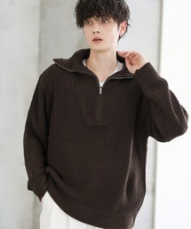 ビッグシルエット畦編みハーフジップニット