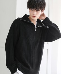 ビッグシルエット畦編みハーフジップニット