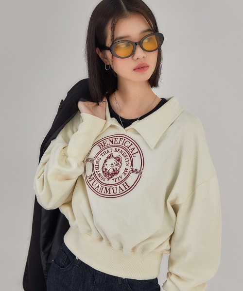 トレーナー スウェット A'GEM/9 × .kom「muah muah/ムーアムーア」 CALLAR CROP SWEATSHIRTS/カラー クロ A'GEM/9 × .kom『muah muah/ムーアムーア』 CALLAR CROP