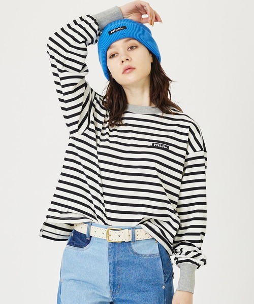 MILKFED.(ミルクフェド)の「STRIPED TOP(Tシャツ/カットソー・レディース・ホワイト/ライトパープル/ライトピンク・ONE SIZE)」の2枚目の写真