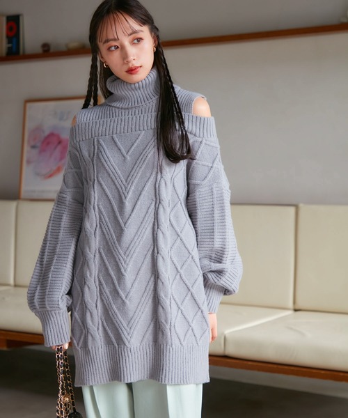 VIS(ビス)の「【洗える】オフショルケーブル編みワンピース(ワンピース・レディース・ライトグレー/オフホワイト/レッド系その他・FREE)」の9枚目の写真