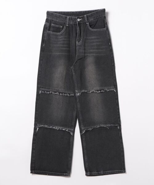 HOOK(フック)の「切りっぱなし横切り替えデニムワイドパンツ(デニムパンツ・メンズ・ブラック・XXL/M/L/XL)」の11枚目の写真