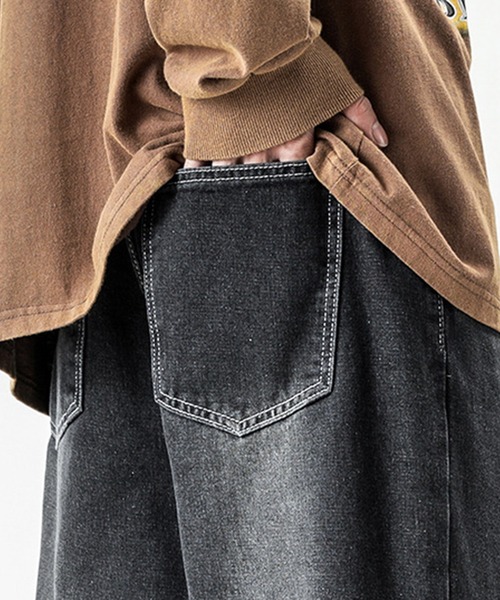 HOOK(フック)の「切りっぱなし横切り替えデニムワイドパンツ(デニムパンツ・メンズ・ブラック・XXL/M/L/XL)」の3枚目の写真