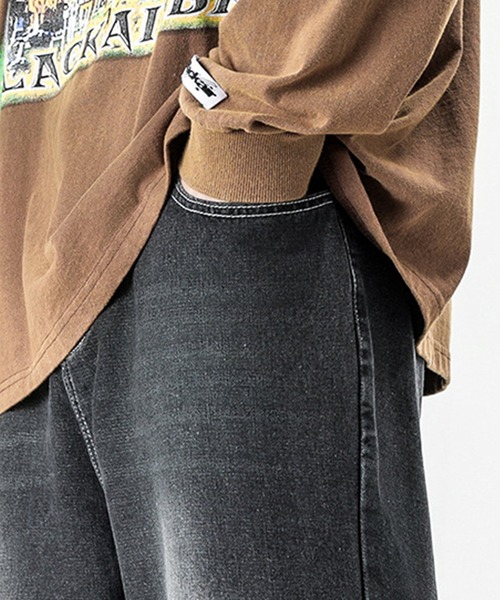 HOOK(フック)の「切りっぱなし横切り替えデニムワイドパンツ(デニムパンツ・メンズ・ブラック・XXL/M/L/XL)」の4枚目の写真
