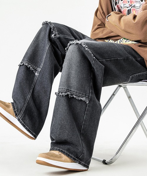 切りっぱなし横切り替えデニムワイドパンツ（デニムパンツ
