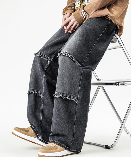 HOOK(フック)の「切りっぱなし横切り替えデニムワイドパンツ(デニムパンツ・メンズ・ブラック・XXL/M/L/XL)」の8枚目の写真