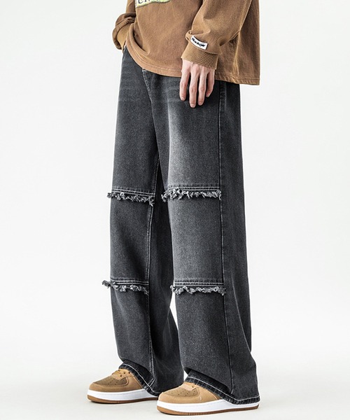 HOOK(フック)の「切りっぱなし横切り替えデニムワイドパンツ(デニムパンツ・メンズ・ブラック・XXL/M/L/XL)」の9枚目の写真