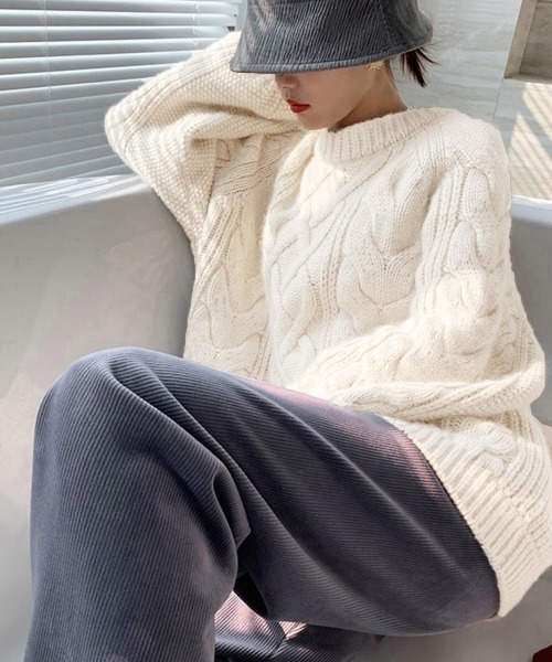 Miniministore(ミニミニストア)の「韓国風 ケーブル編み ニット レディース(ニット/セーター・レディース・イエロー/アイボリー/レッド/プラム・フリー)」の5枚目の写真