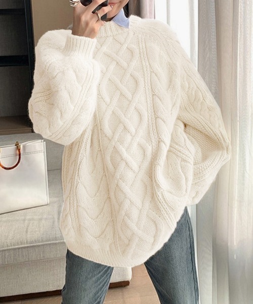 Miniministore(ミニミニストア)の「韓国風 ケーブル編み ニット レディース(ニット/セーター・レディース・イエロー/アイボリー/レッド/プラム・フリー)」の6枚目の写真