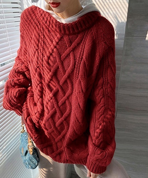Miniministore(ミニミニストア)の「韓国風 ケーブル編み ニット レディース(ニット/セーター・レディース・イエロー/アイボリー/レッド/プラム・フリー)」の17枚目の写真