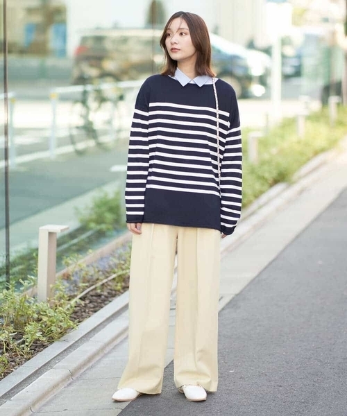 a.v.v（アーヴェヴェ）の「ロールアップリラクシングボーダーニット（ニット/セーター・レディース・ネイビー/ライトピンク/アイボリー/チャコールグレー・42/40/38/36/34）」の5枚目の写真