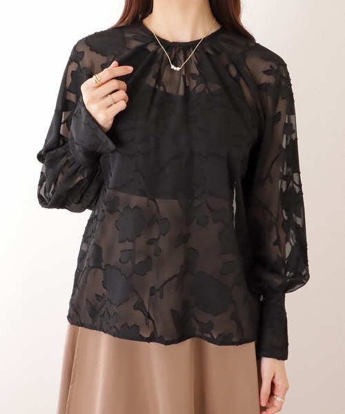 Lace Ladies(レースレディース)の「ボタニカル柄 キャンディスリーブ クルーネック シアー ブラウス(シャツ/ブラウス・レディース・ブラック/ブルーグレー/ホワイト/ブラウン・FREE)」の20枚目の写真